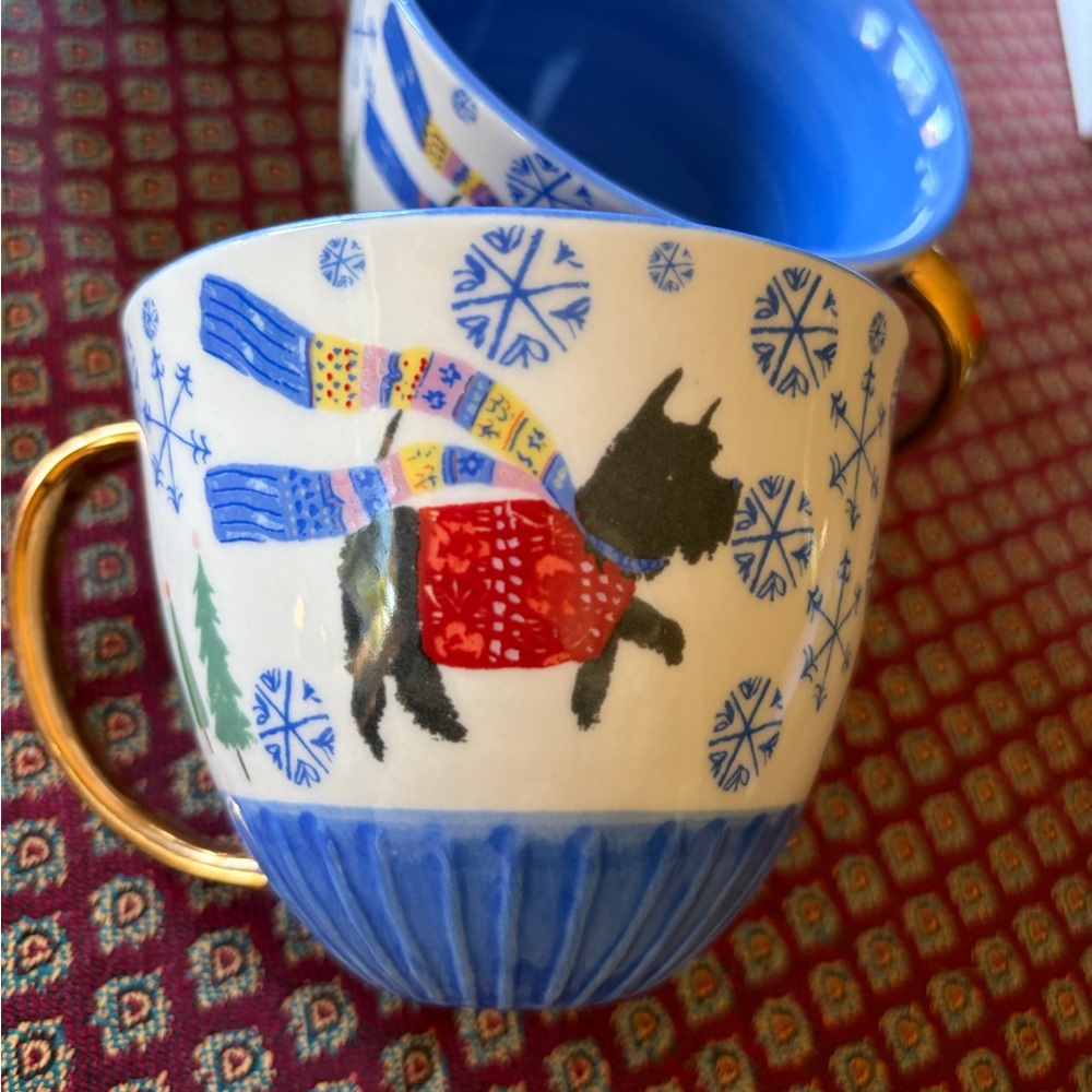 Anthropologie Emily Isabella Christmas Scottie dog coffee tea cup set of 5